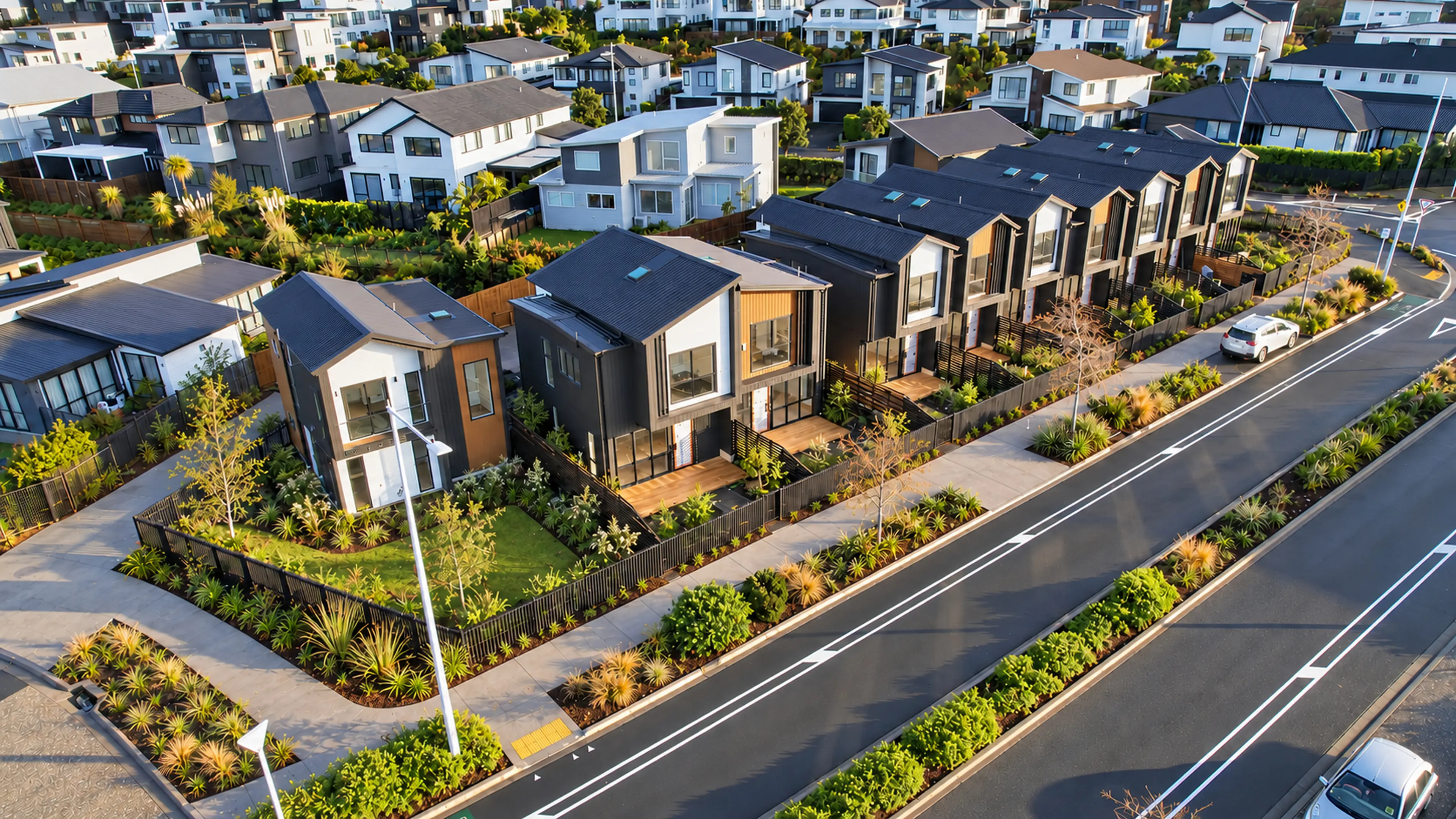 Elevated view along the landscaped street frontage at 1 Tawatawa Street