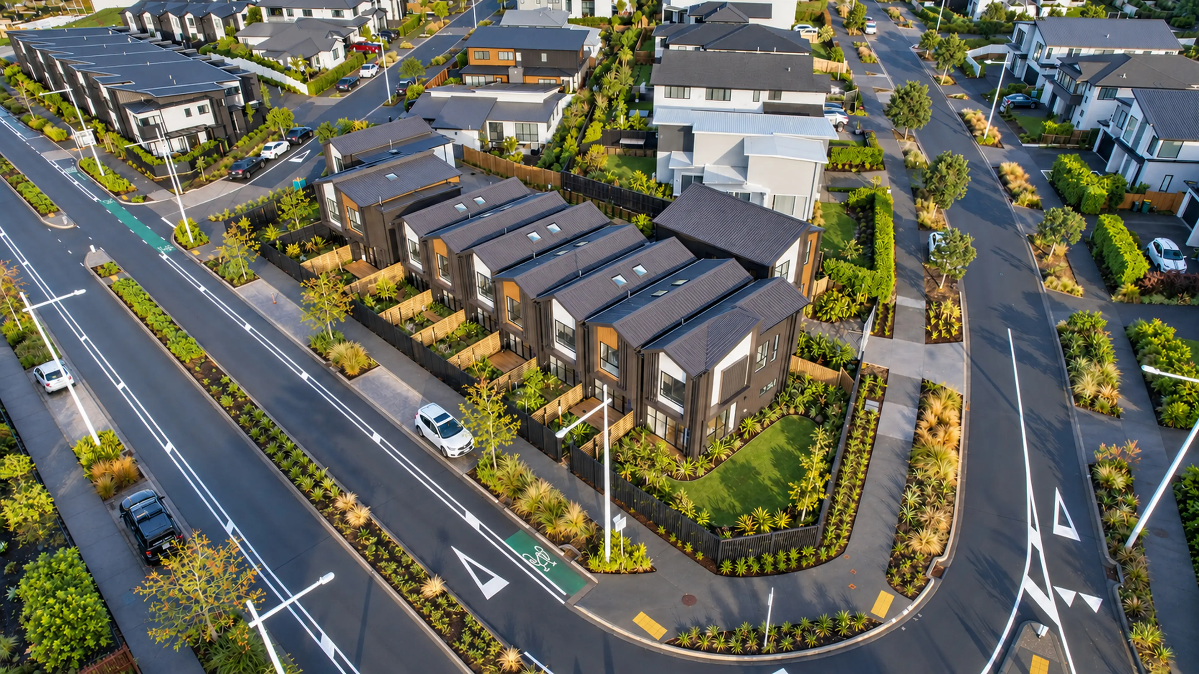 Aerial corner view showing the gabled homes and surrounding Long Bay neighbourhood