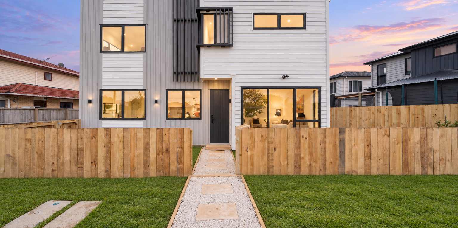 Street-facing view of the completed eight-home development at 166 Princes Street East in Ōtāhuhu