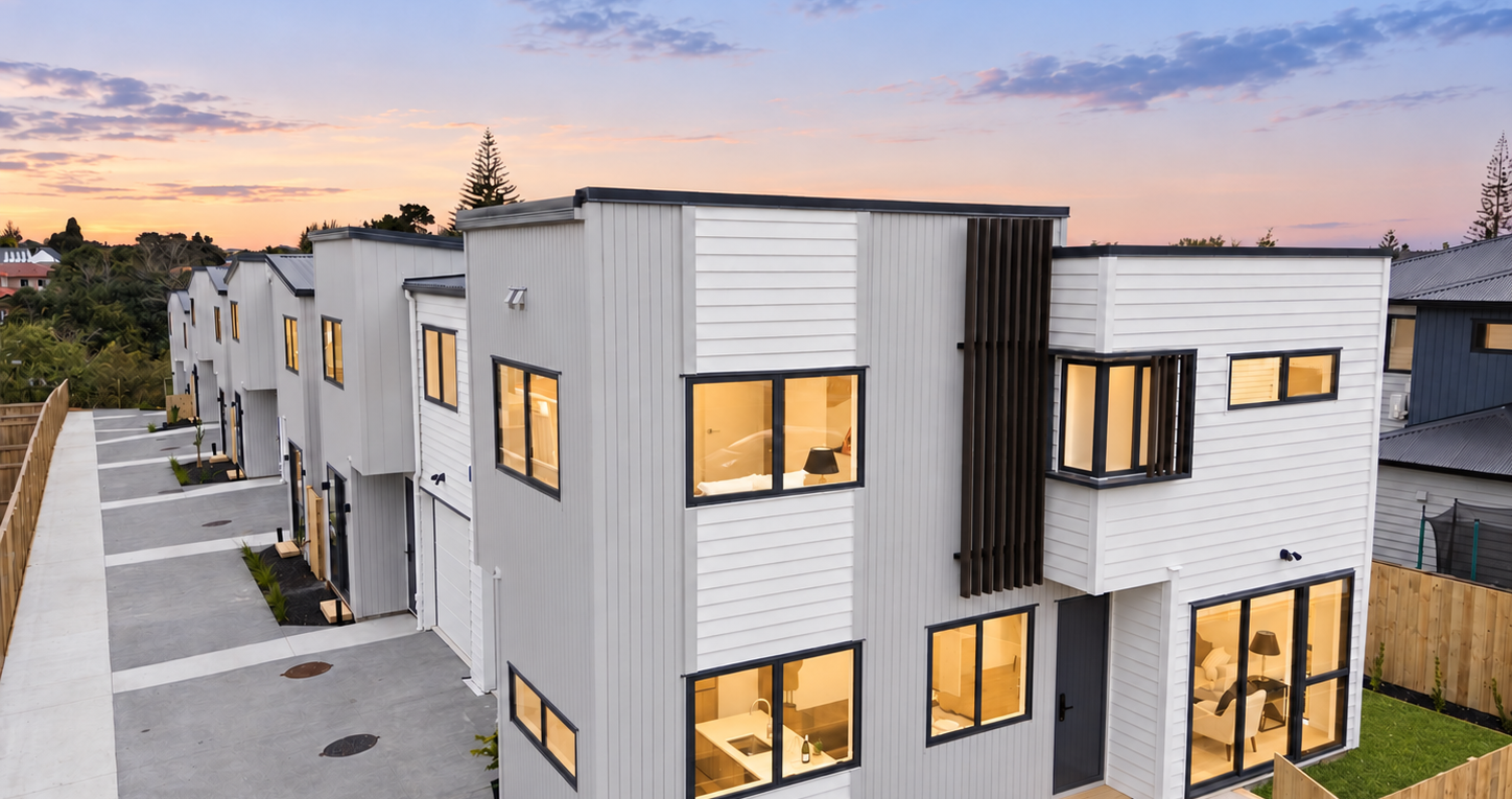 Angled view of the completed street-facing row of homes