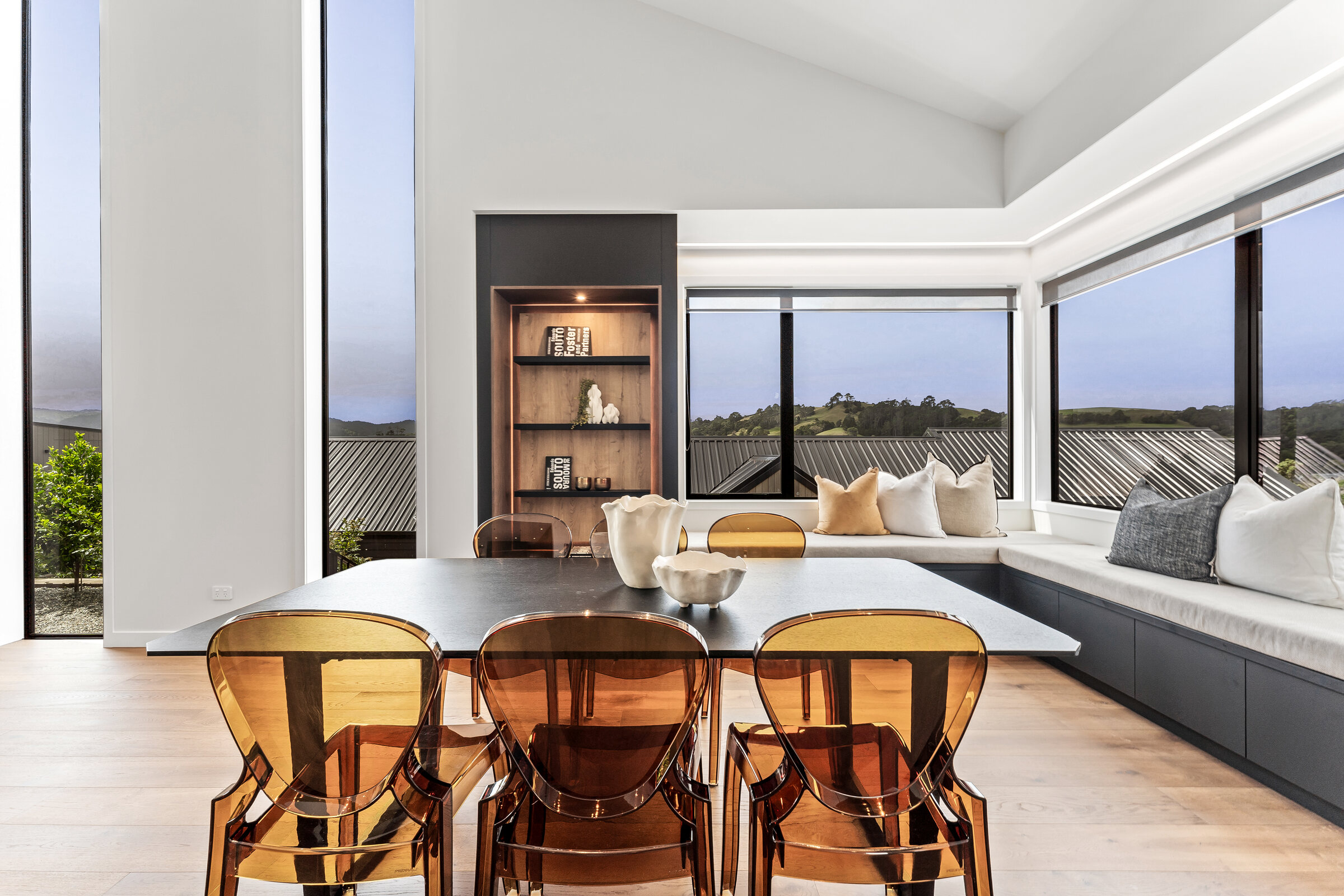 Dining space opening to the views