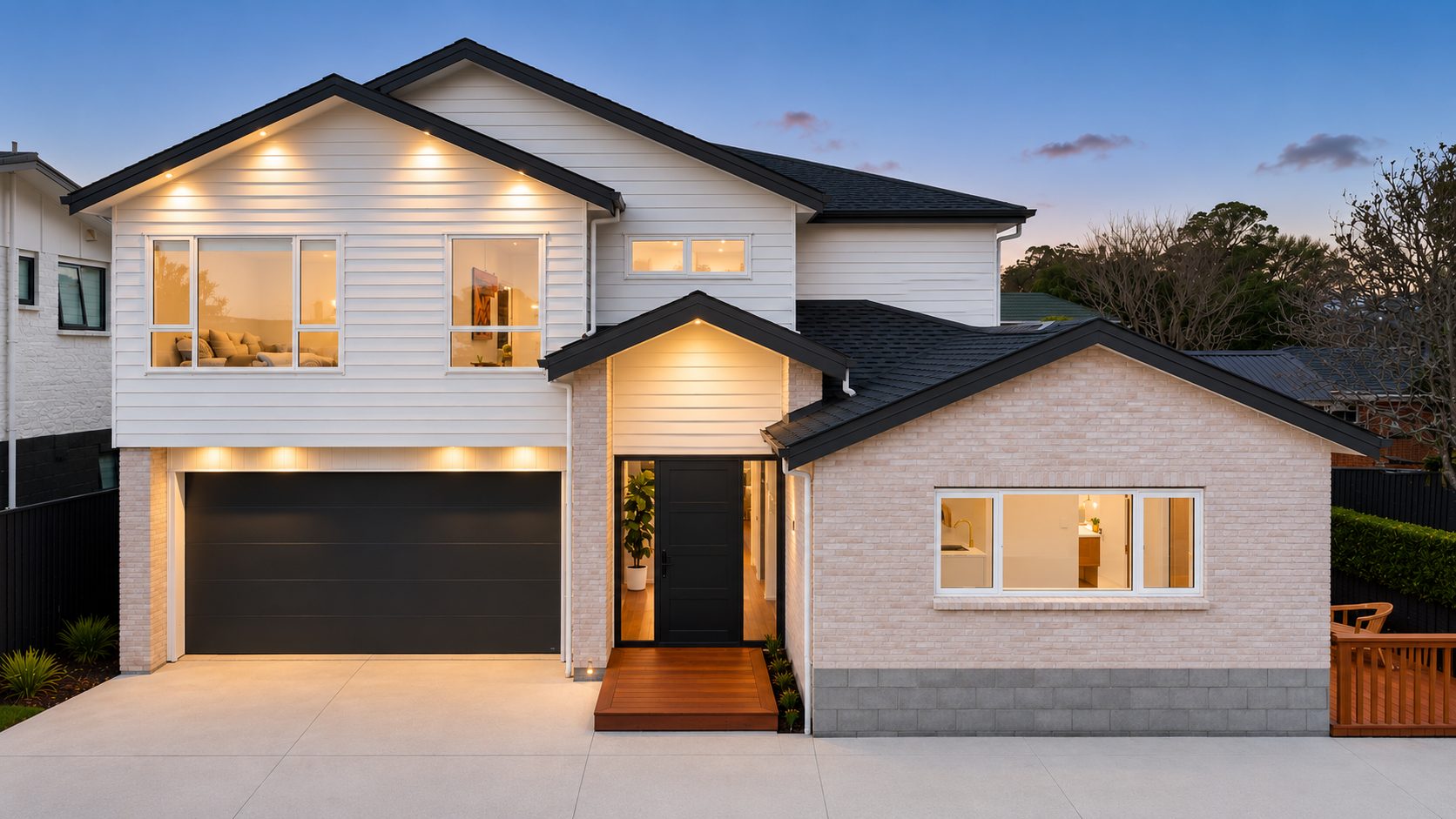 Gabled brick and weatherboard home at 4A Harford Place at dusk
