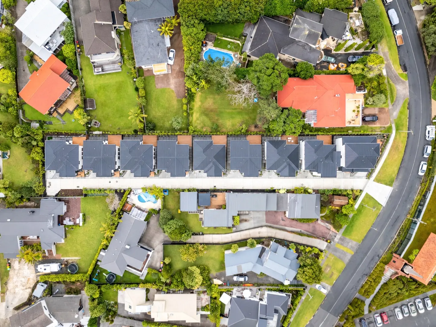 Aerial view showing the nine-lot subdivision and shared internal access