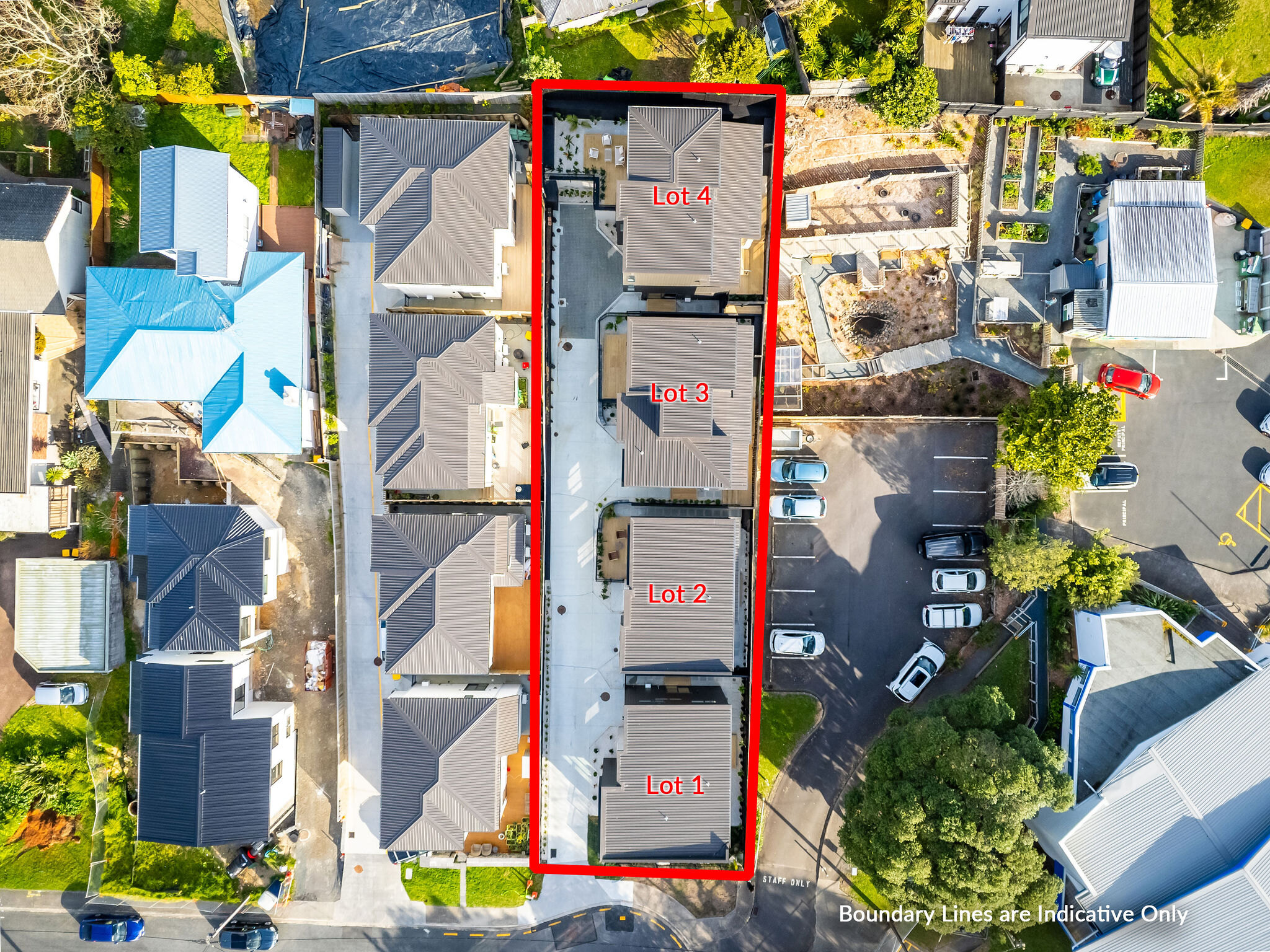 Aerial view showing the four-home Agathis Avenue development