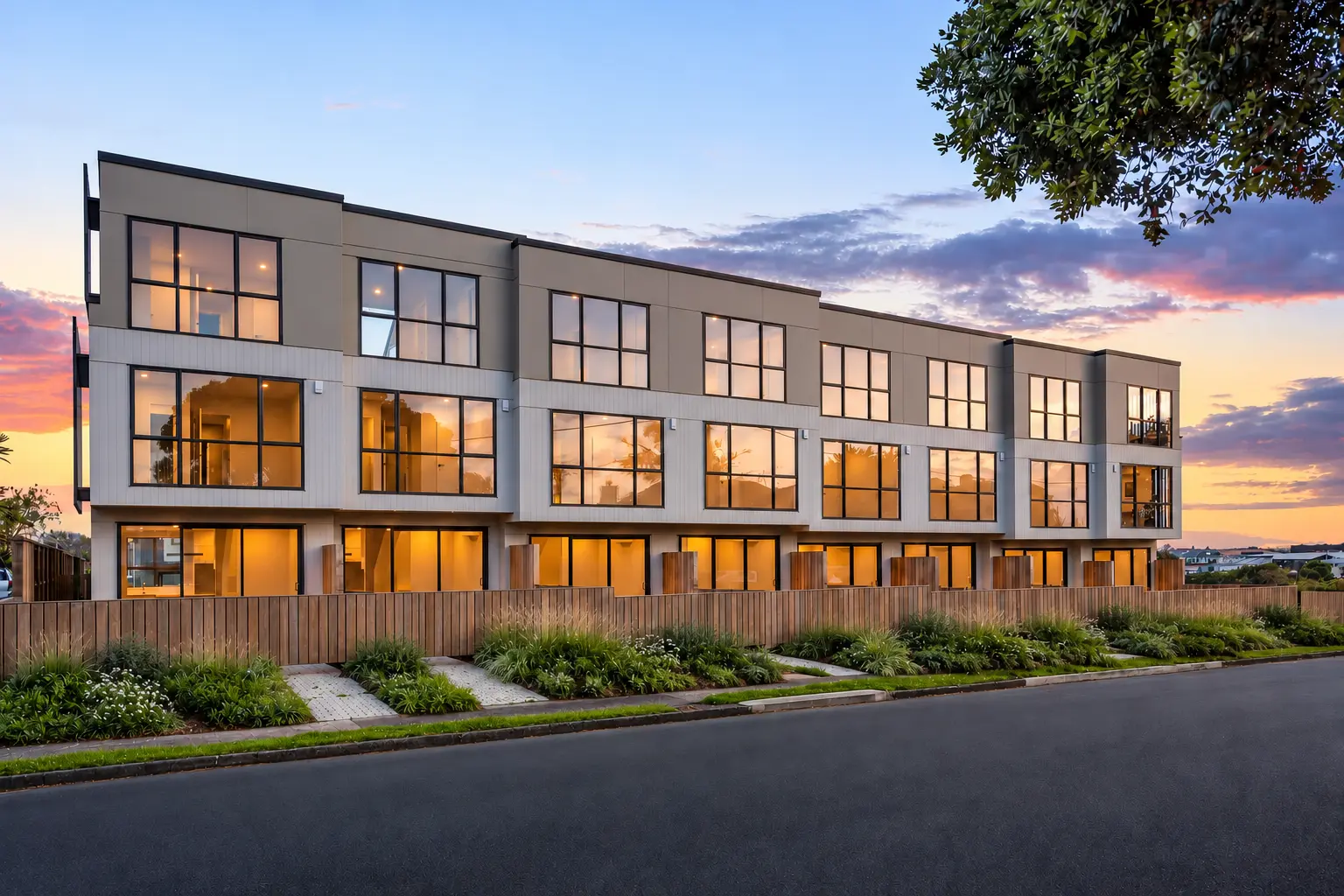 Completed three-storey terraced homes at 42–44 Byron Avenue and Wai Court in Takapuna
