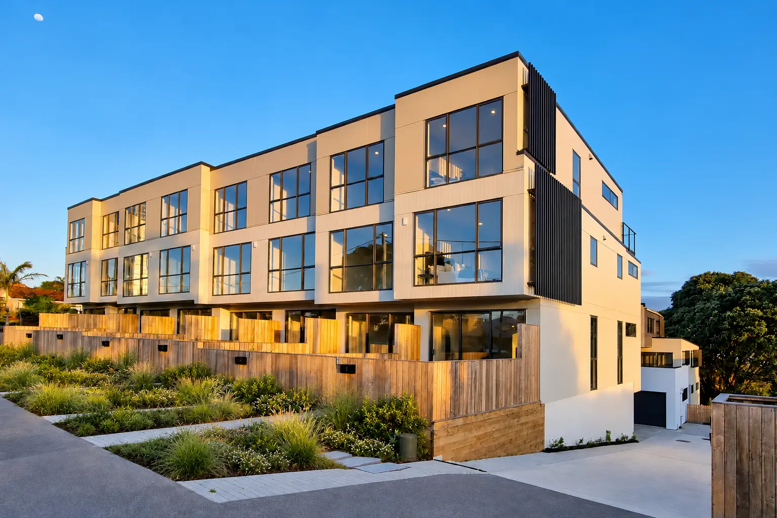 Corner view of the Byron Avenue terraces with landscaped street frontage