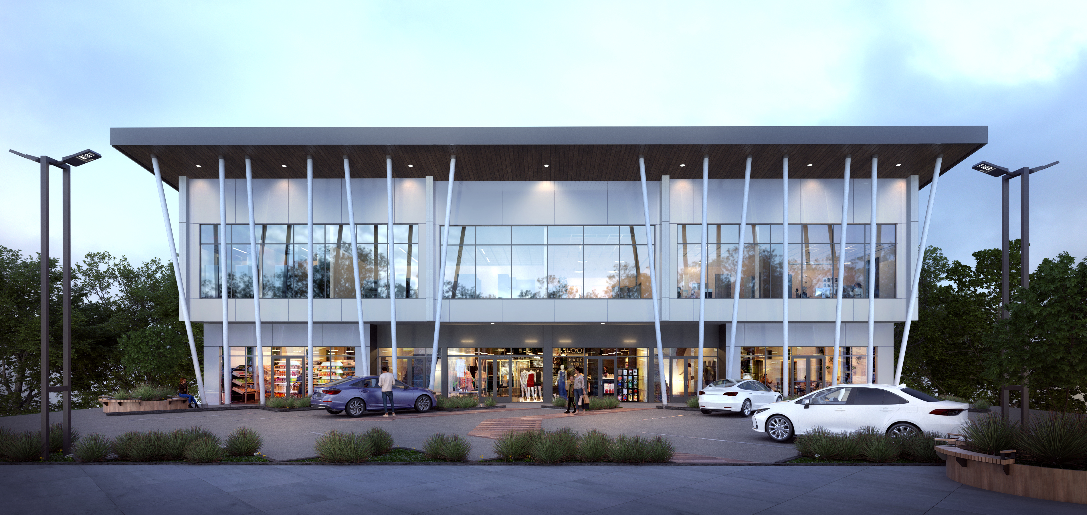 Dusk render of a two-storey mixed-use commercial development on Dairy Flat Highway