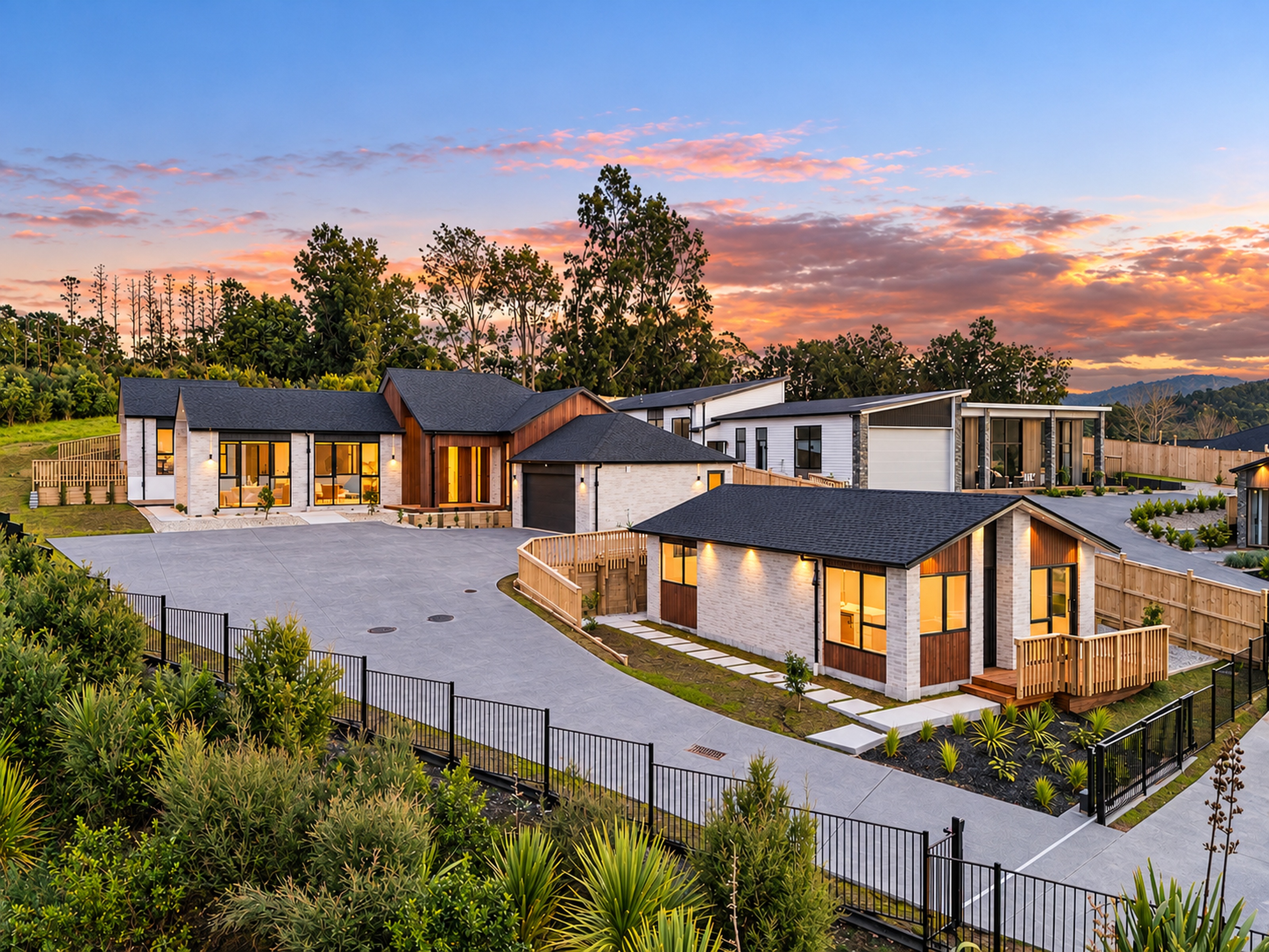 Dusk aerial view of the completed home-and-income property at 16 and 16A Katote Avenue