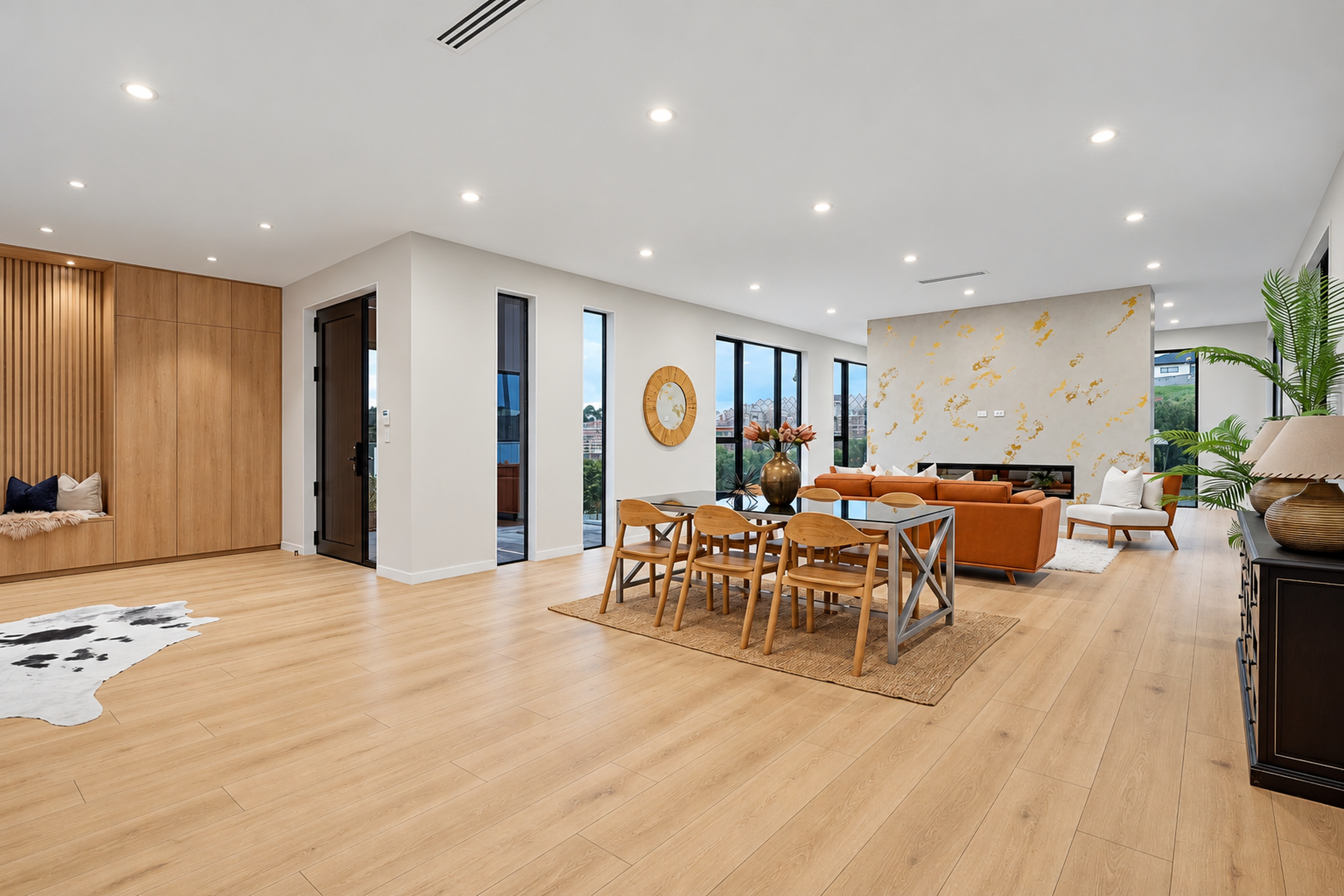 Open-plan dining and living area with timber wall and feature fireplace