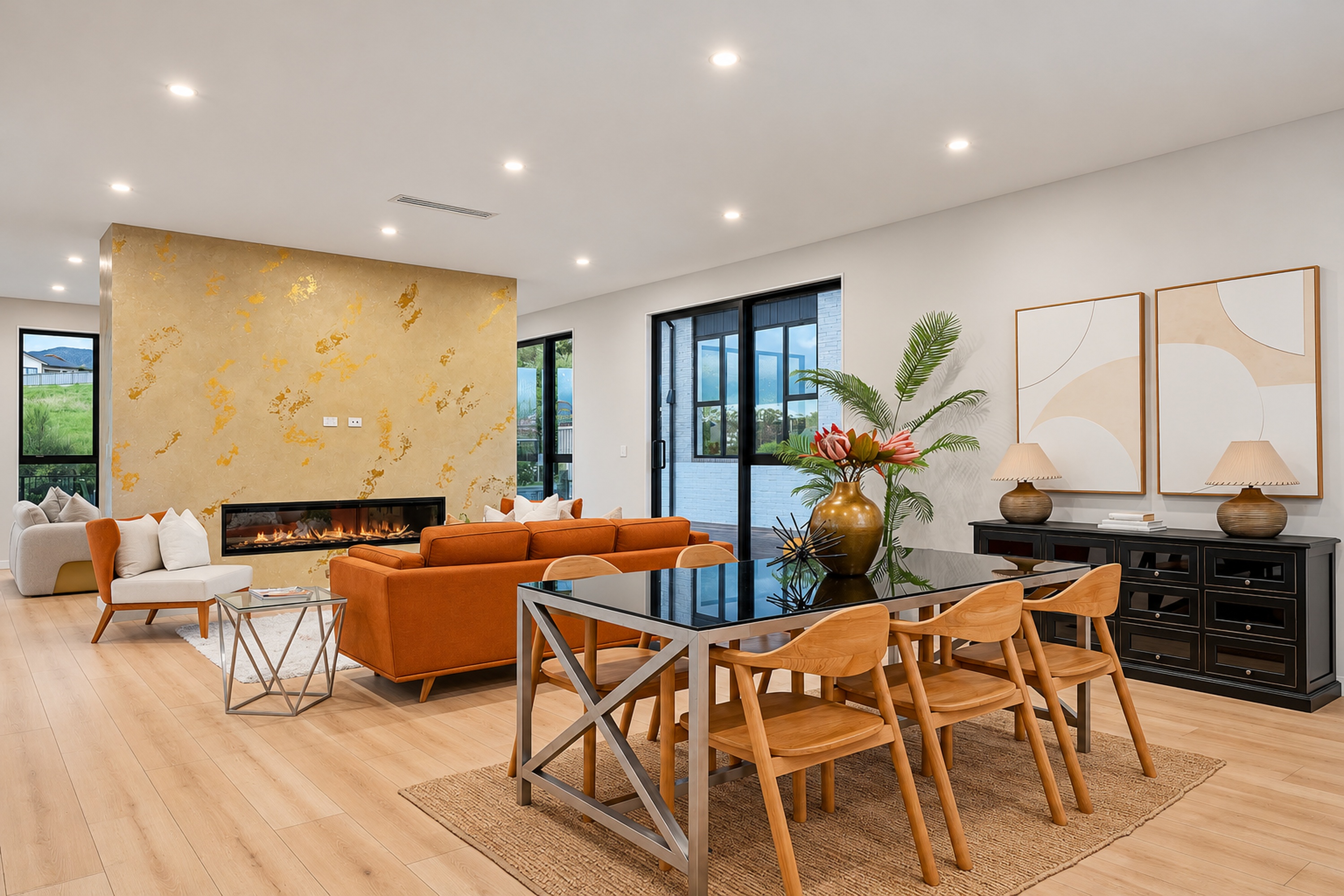 Living and dining spaces opening toward the garden