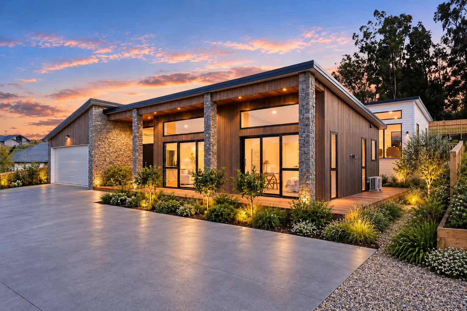 Dusk exterior of the completed main residence at 18 and 18A Katote Avenue in Swanson