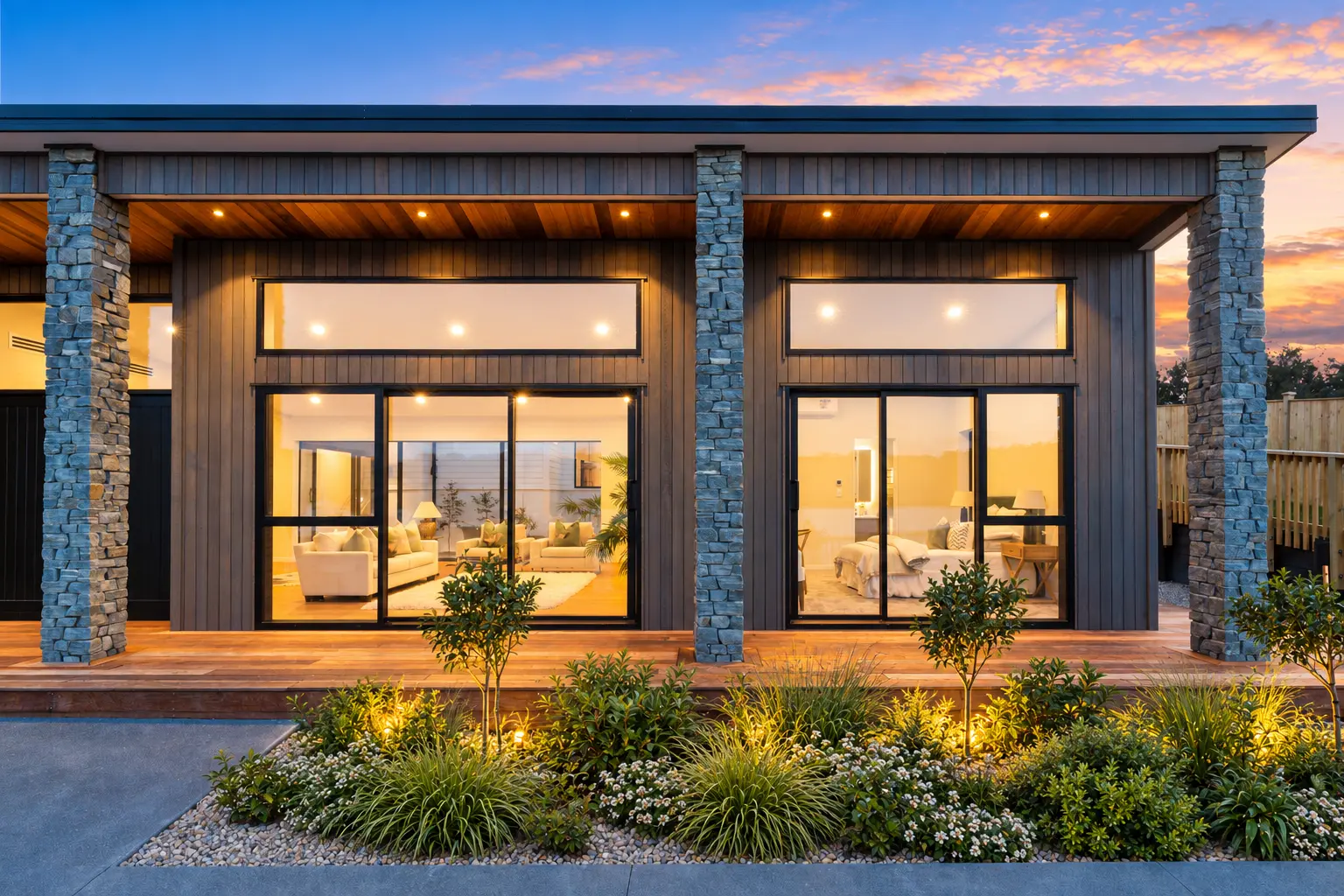 Front elevation with stone columns, timber-toned cladding and planted edge at dusk