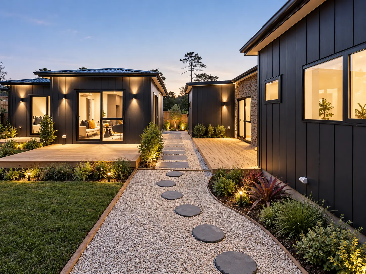 Landscaped pathway between the main home and separate dwelling