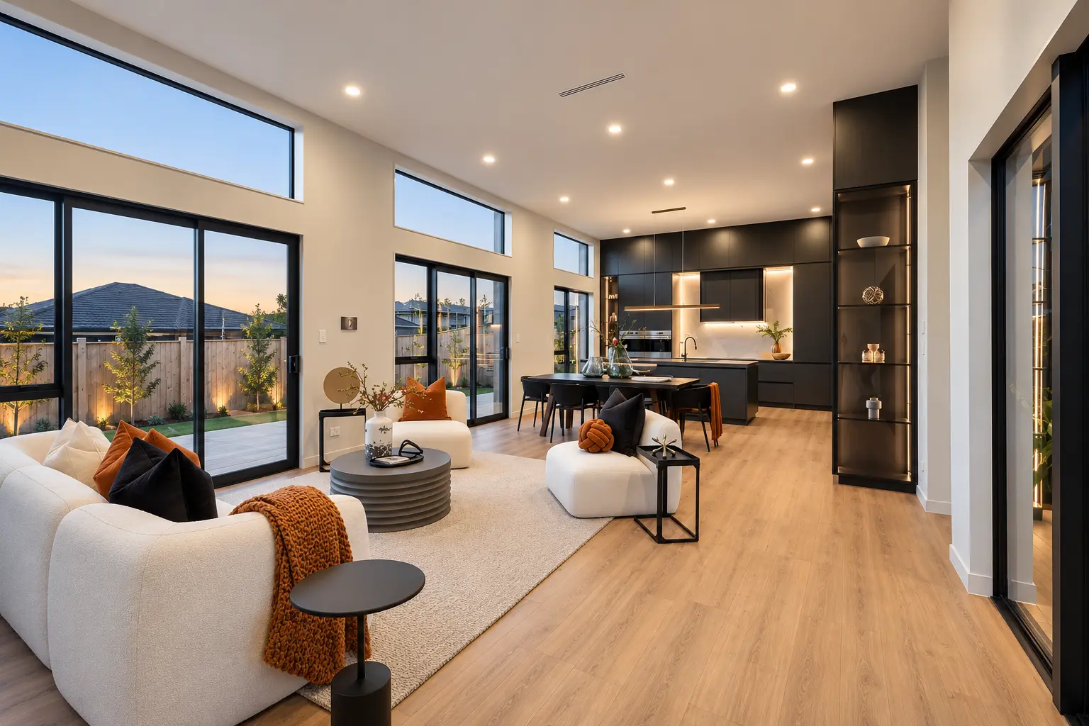 Open-plan living area with broad windows and dark kitchen joinery
