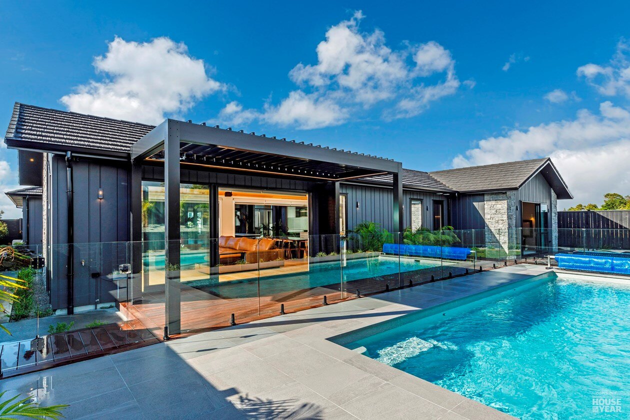 Pool terrace and covered outdoor living area at 44 Kewa Road