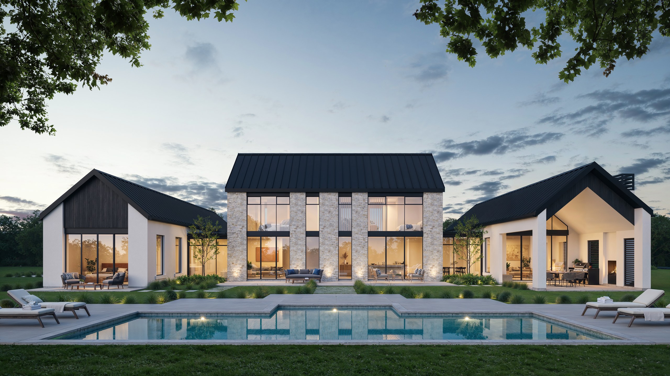 Architectural render of Lot 5 at Coatesville Landing, looking across the pool toward the masonry and gabled home
