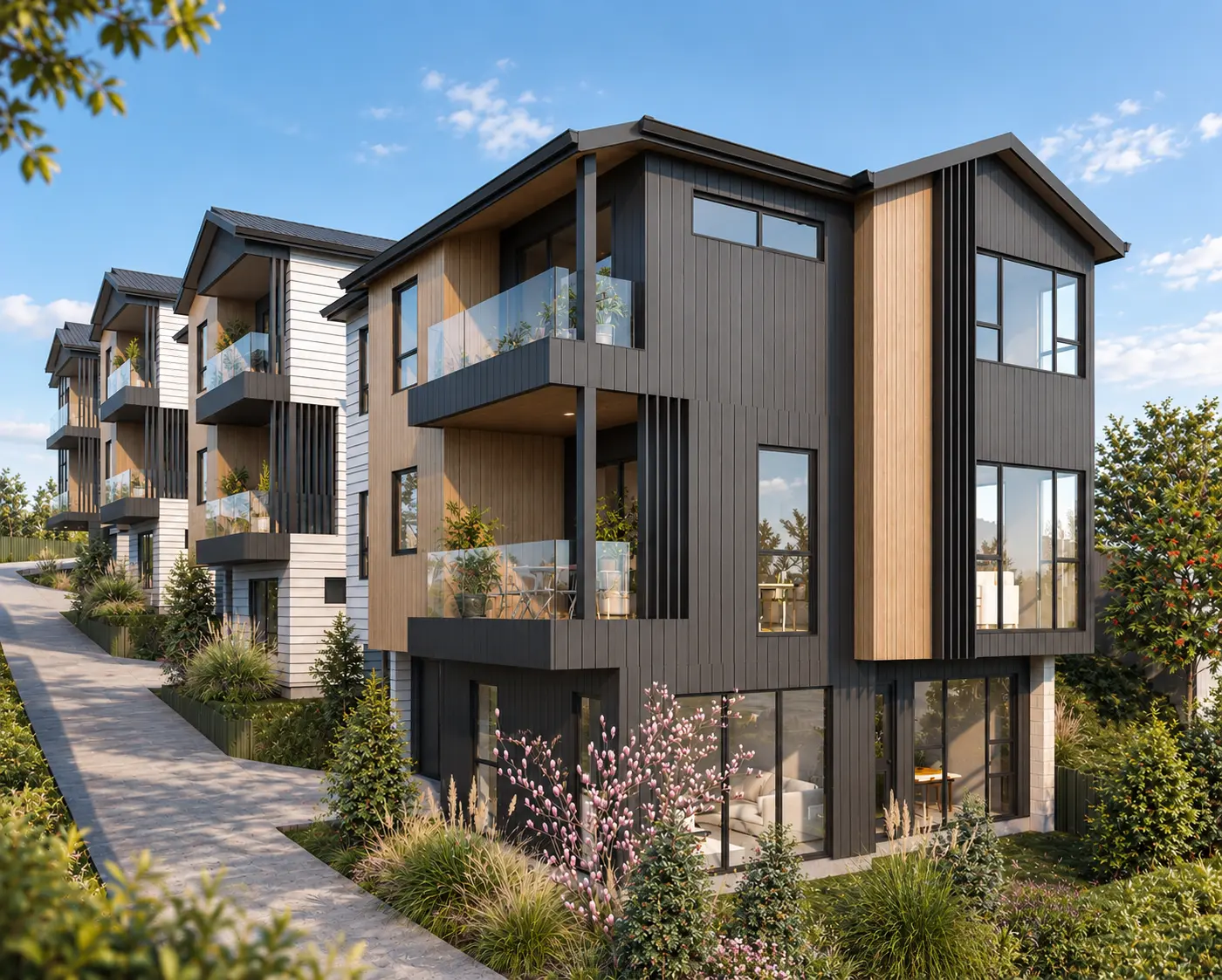 Close-up architectural visualisation of the consented front dwelling and balconies