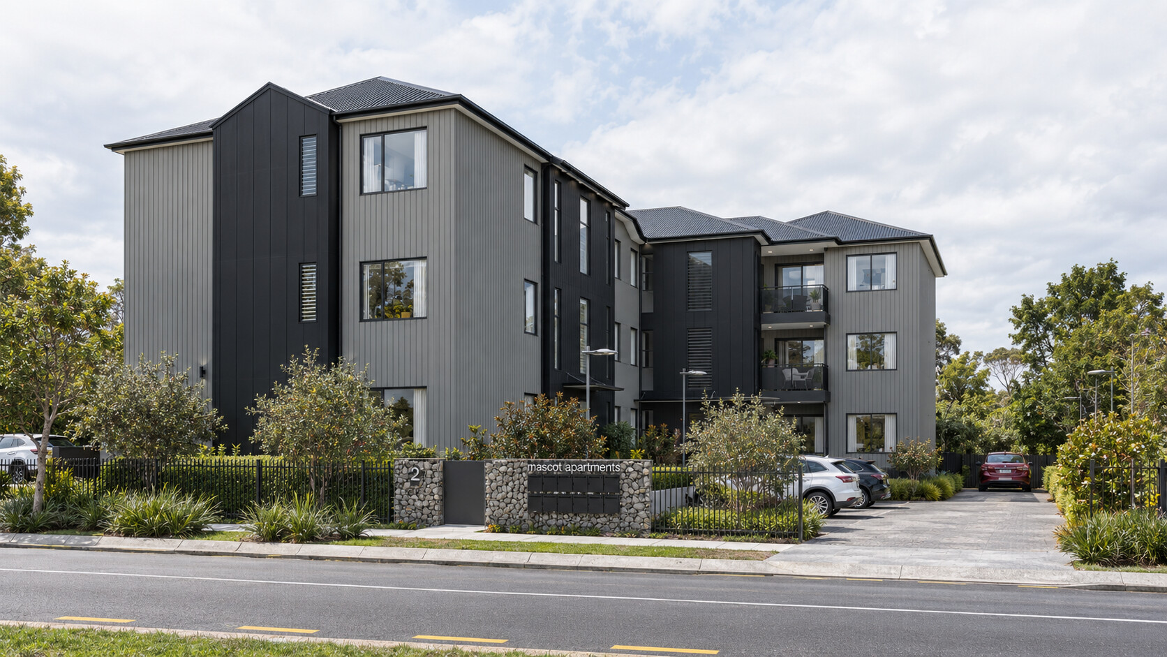 Landscaped arrival view of the completed 34 Mascot Avenue apartments
