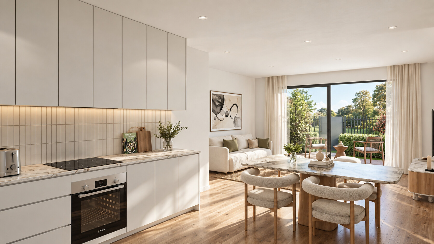 Kitchen and living area opening to the landscaped setting at 34 Mascot Avenue