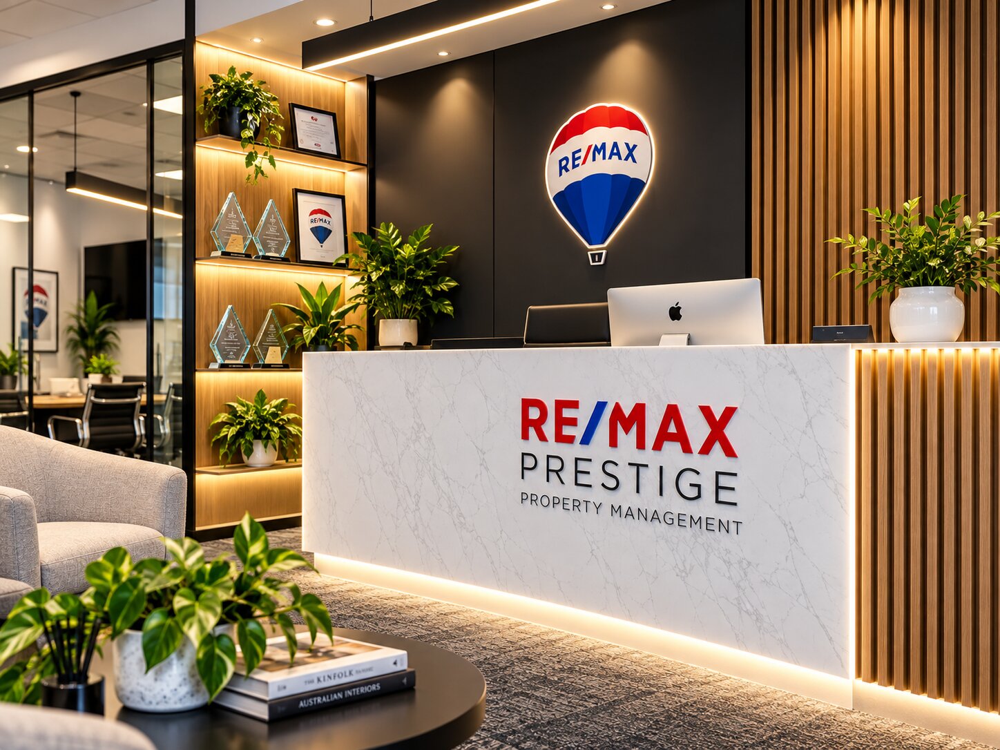RE/MAX Prestige Newmarket reception desk with integrated planting and timber screen