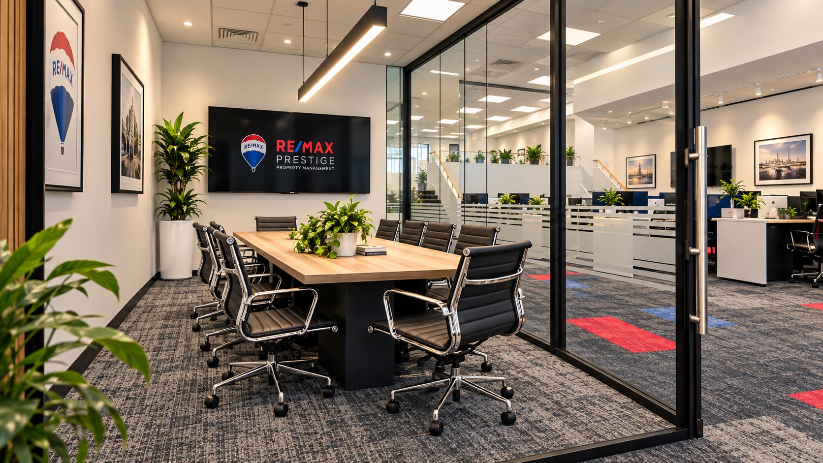 Glazed boardroom within the completed Newmarket office