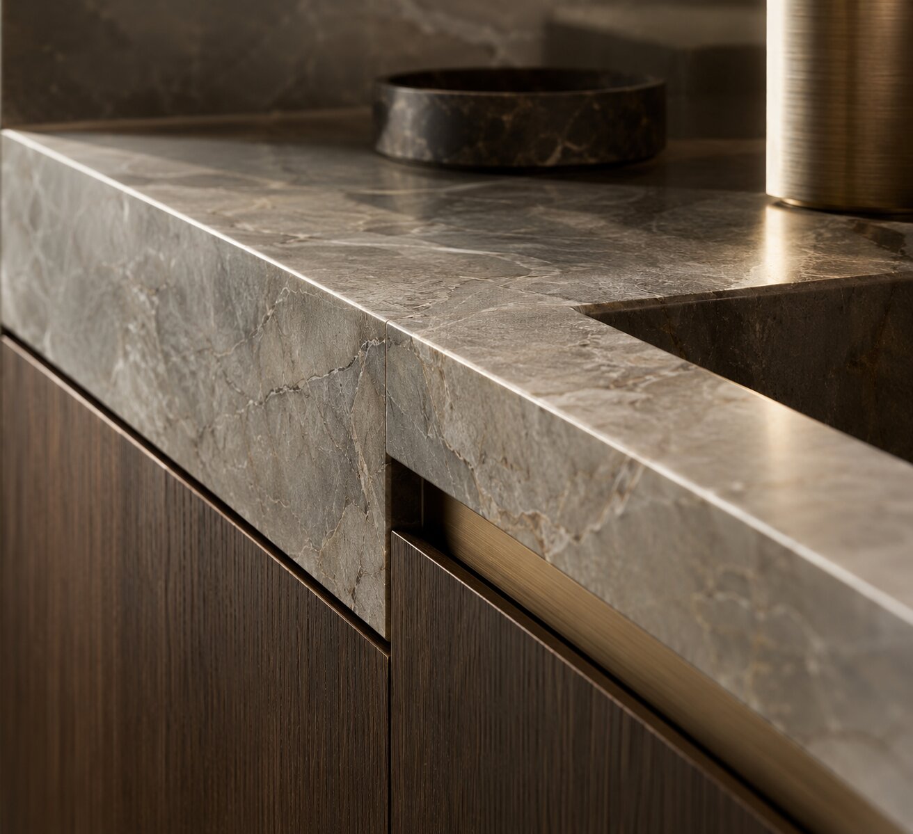 Stone and timber joinery detail within the Newmarket fit-out