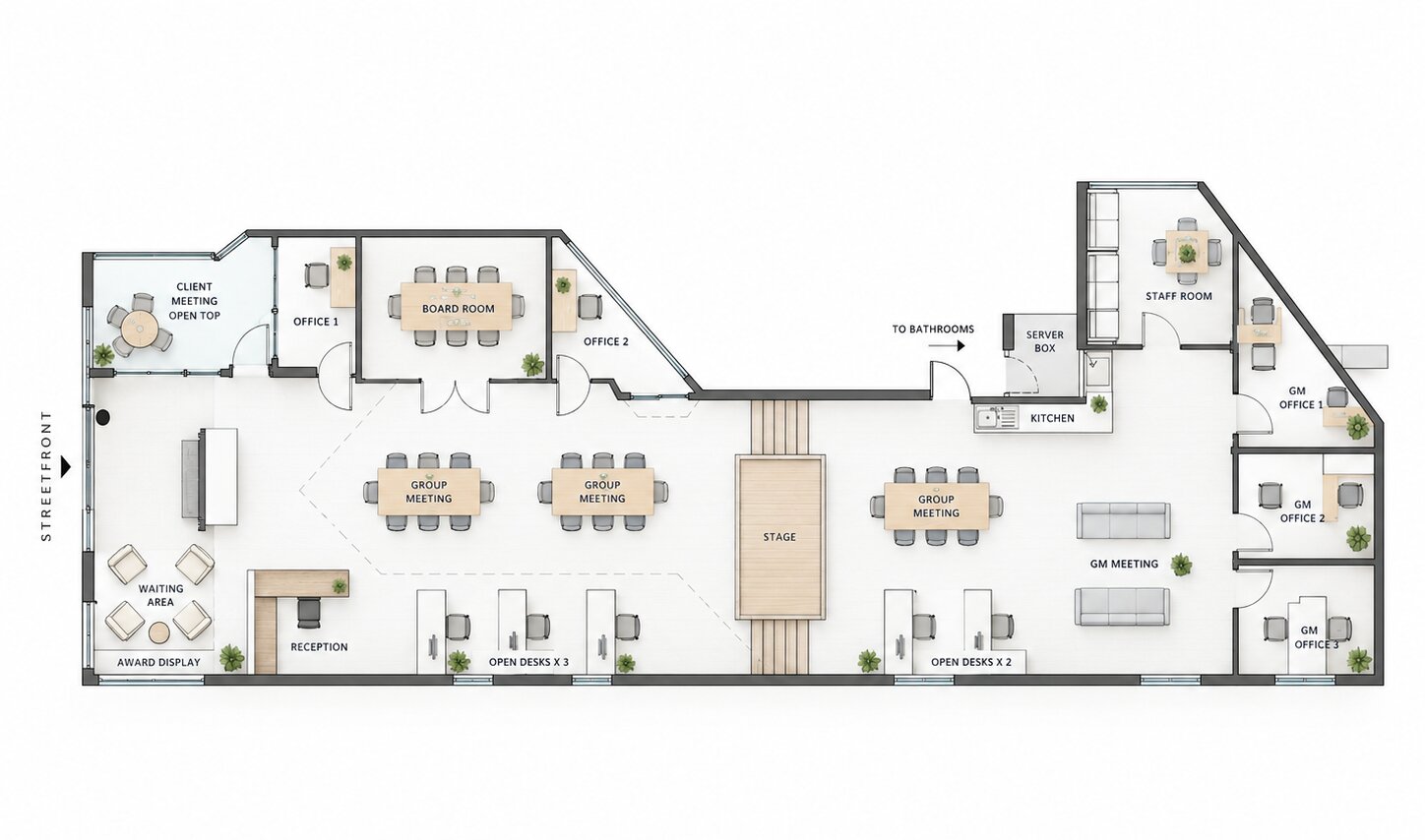 Workplace plan showing reception, boardroom, offices and staff spaces