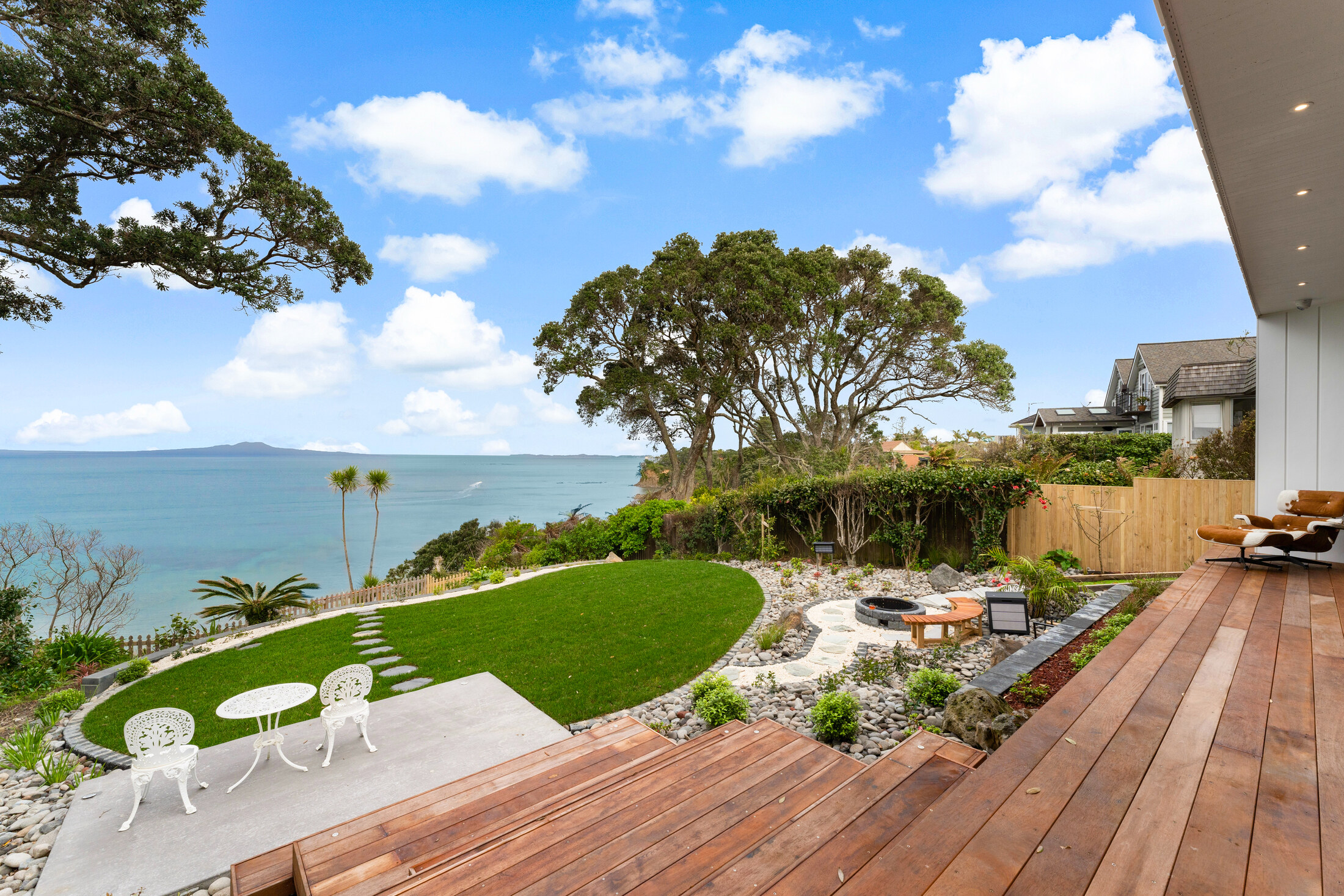 Outdoor terrace and Hauraki Gulf view from the Torbay residence