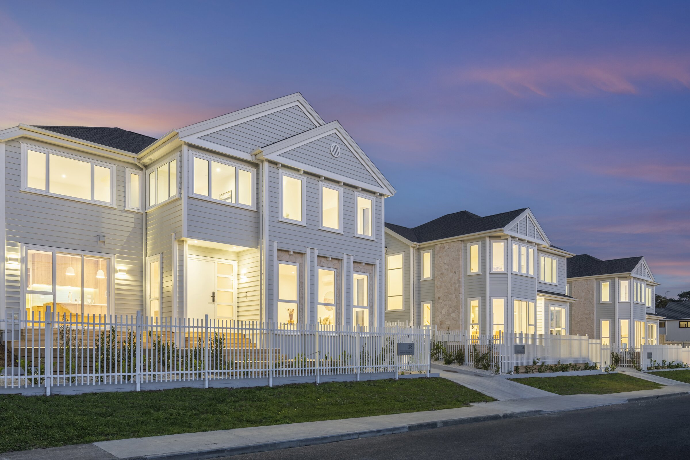 Twilight streetscape of the William Souter Street development