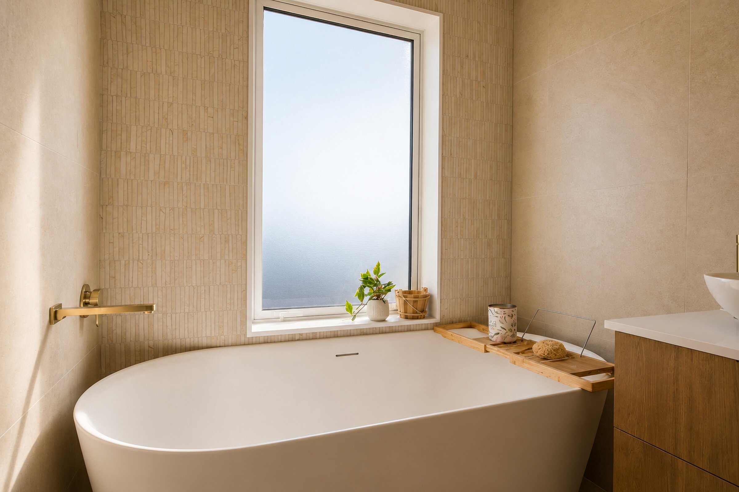 Freestanding bath and textured tile detailing